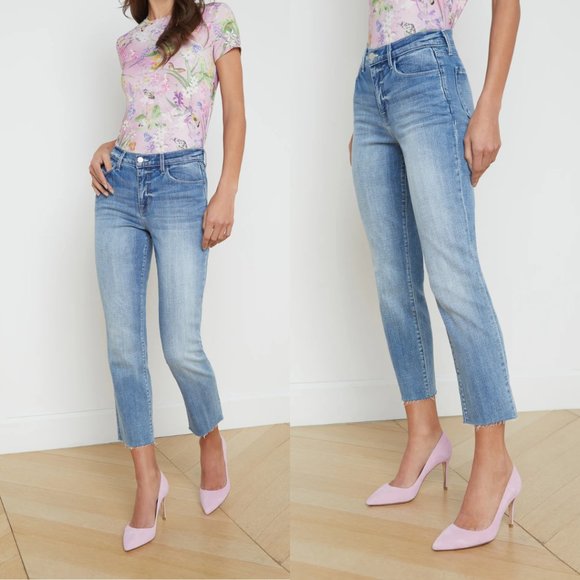L'Agence Sada Cropped Jeans High Rise Slim Fit Raw Hem Whiskering Sz 28 Tuscany - Picture 1 of 10